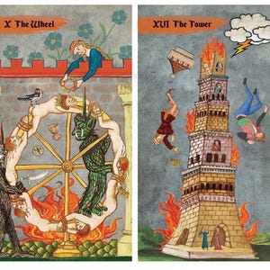 May include: Two tarot cards are displayed. The first card, "X The Wheel," depicts a wheel with figures and a green creature. The second card, "XVI The Tower," shows a burning tower with figures falling from it.
