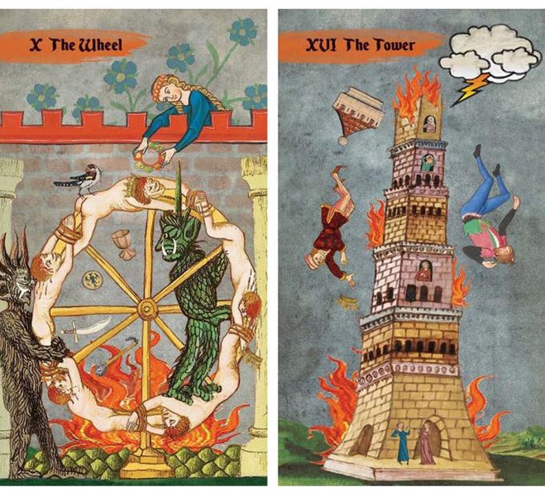 May include: Two tarot cards are displayed. The first card, "X The Wheel," depicts a wheel with figures and a green creature. The second card, "XVI The Tower," shows a burning tower with figures falling from it.