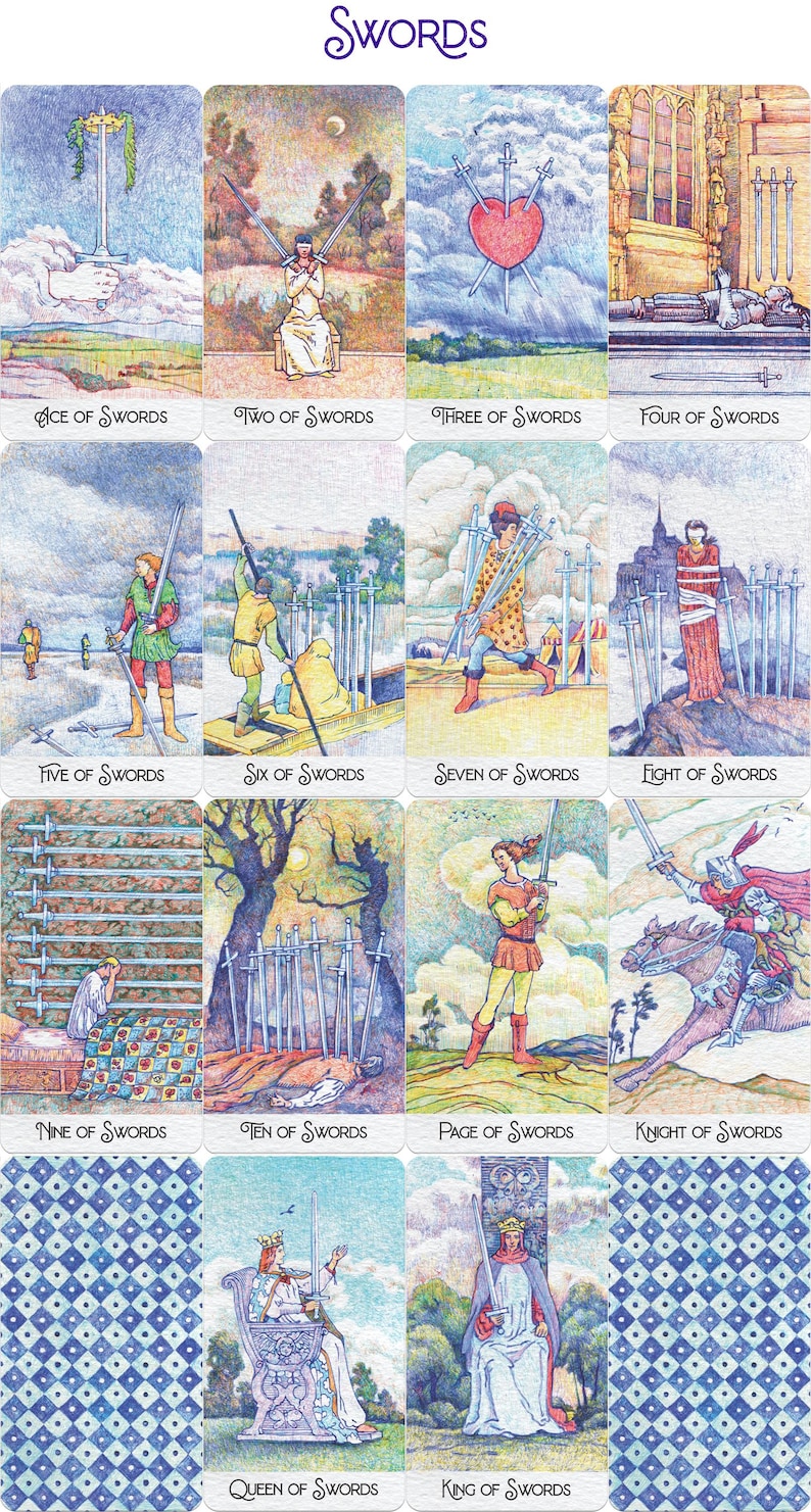 Puede incluir: Una baraja de cartas de tarot con la serie de Espadas, con ilustraciones de espadas, figuras y escenas. Las cartas incluyen t&iacute;tulos como "As de Espadas", "Dos de Espadas" y "Reina de Espadas". El dorso de la baraja tiene un dise&ntilde;o azul y blanco.