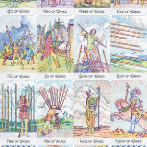 Puede incluir: Una baraja de cartas del tarot que representa la serie de los Bastos. Cada carta presenta ilustraciones detalladas de figuras y bastos. Las cartas est&aacute;n numeradas del As al Rey, con t&iacute;tulos como "As de Bastos" y "Reina de Bastos". El fondo es un patr&oacute;n de diamantes azules y blancos.