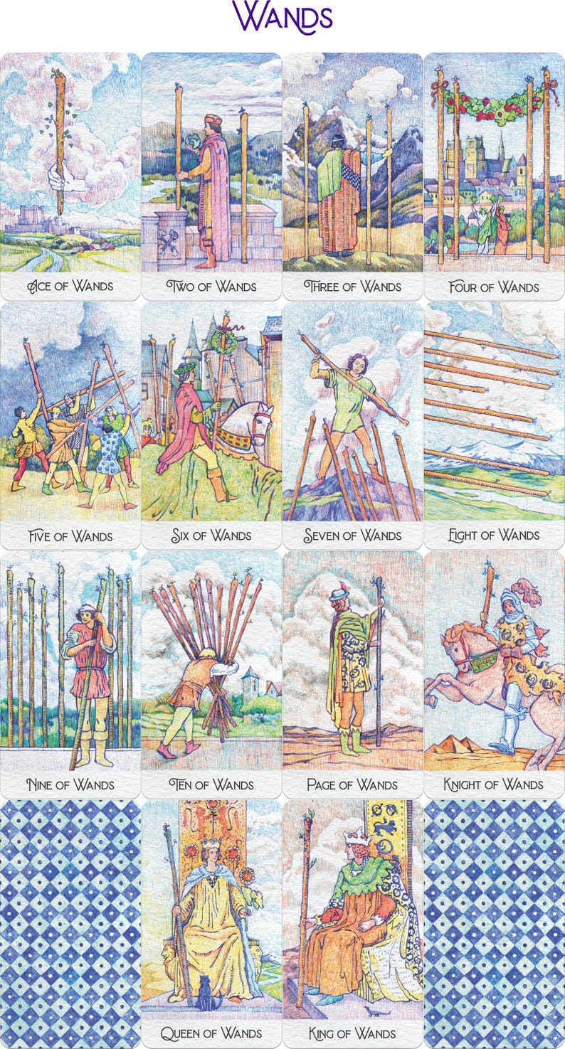 Puede incluir: Una baraja de cartas del tarot que representa la serie de los Bastos. Cada carta presenta ilustraciones detalladas de figuras y bastos. Las cartas est&aacute;n numeradas del As al Rey, con t&iacute;tulos como "As de Bastos" y "Reina de Bastos". El fondo es un patr&oacute;n de diamantes azules y blancos.