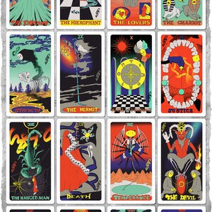 May include: A set of 22 tarot cards with colorful illustrations of various characters and symbols. The cards are arranged in a grid pattern on a gray background. The text "MAJOR ARCANA" is written in black at the top of the image.