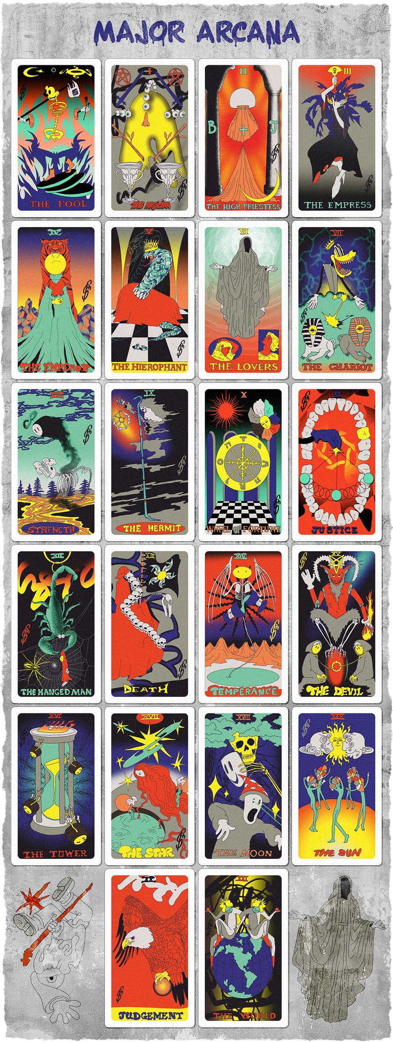 May include: A set of 22 tarot cards with colorful illustrations of various characters and symbols. The cards are arranged in a grid pattern on a gray background. The text "MAJOR ARCANA" is written in black at the top of the image.