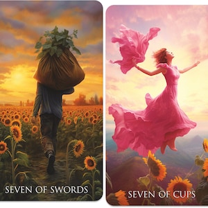 May include: Two tarot cards. The first depicts a person carrying a sack through a sunflower field, with the text "SEVEN OF SWORDS". The second shows a person in a pink dress with arms outstretched, with the text "SEVEN OF CUPS".