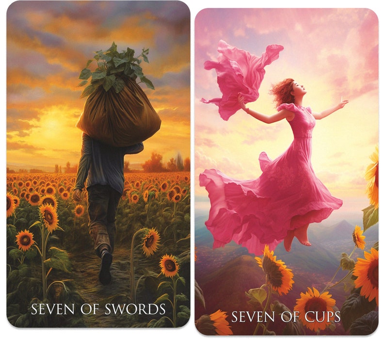 May include: Two tarot cards. The first depicts a person carrying a sack through a sunflower field, with the text "SEVEN OF SWORDS". The second shows a person in a pink dress with arms outstretched, with the text "SEVEN OF CUPS".
