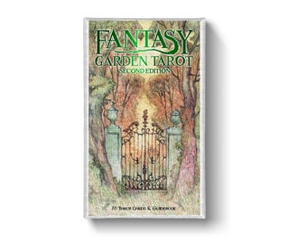 May include: A rectangular deck box for the Fantasy Garden Tarot Second Edition, featuring an illustration of a wrought iron gate between trees. The text reads FANTASY GARDEN TAROT SECOND EDITION and 78 TAROT CARDS & GUIDEBOOK in green.