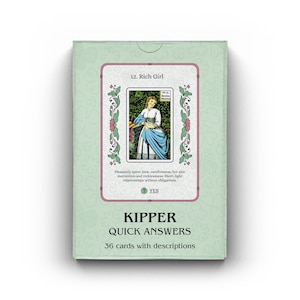 May include: A Kipper Quick Answers card deck with a light green background. The front of the box features a card illustration of a woman in a blue dress. Text on the box includes "12. Rich Girl", "YES", and "36 cards with descriptions".