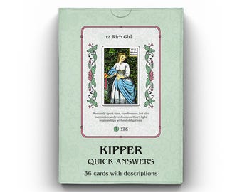May include: A Kipper Quick Answers card deck with a pale green design. The box displays a card illustration of a woman in a blue dress. Text on the box includes "12. Rich Girl", "YES", and "36 cards with descriptions".