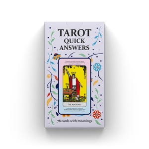 Puede incluir: Una caja de baraja de cartas del tarot con las palabras "TAROT QUICK ANSWERS" en negro. La caja presenta un diseño floral y una imagen de una carta del tarot con "El Mago". La caja también indica "78 cartas con significados".