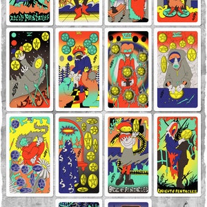 May include: A set of 10 tarot cards featuring colorful illustrations of the Pentacles suit. Each card depicts a different character and scene, with a focus on the element of earth. The cards are numbered from Ace to Ten, and include the Page, Knight, Queen, and King of Pentacles.
