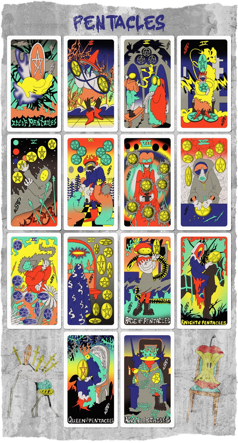 May include: A set of 10 tarot cards featuring colorful illustrations of the Pentacles suit. Each card depicts a different character and scene, with a focus on the element of earth. The cards are numbered from Ace to Ten, and include the Page, Knight, Queen, and King of Pentacles.