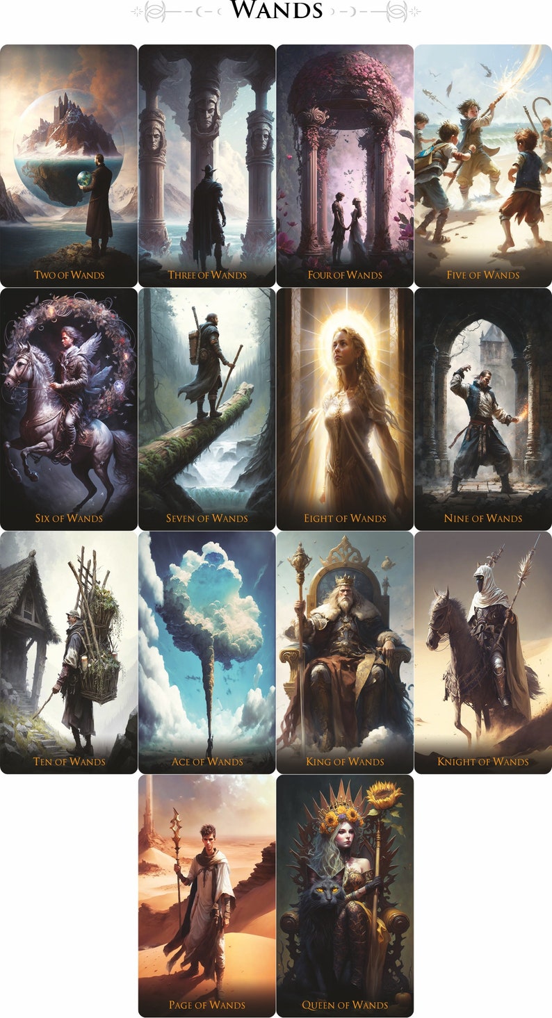 Puede incluir: Baraja de tarot que presenta el palo de Bastos. Cada carta representa una ilustraci&oacute;n colorida con una persona y una escena. Las cartas est&aacute;n dispuestas en una cuadr&iacute;cula con el nombre del palo en la parte superior.