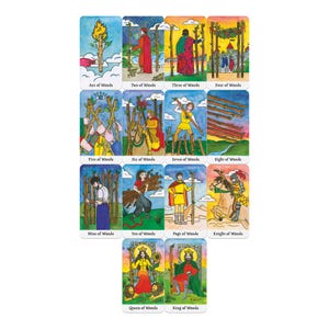 May include: A set of tarot cards featuring the suit of wands. Each card has a unique illustration with a central wand theme. The cards are labeled with titles such as "Ace of Wands," "Two of Wands," and "King of Wands."