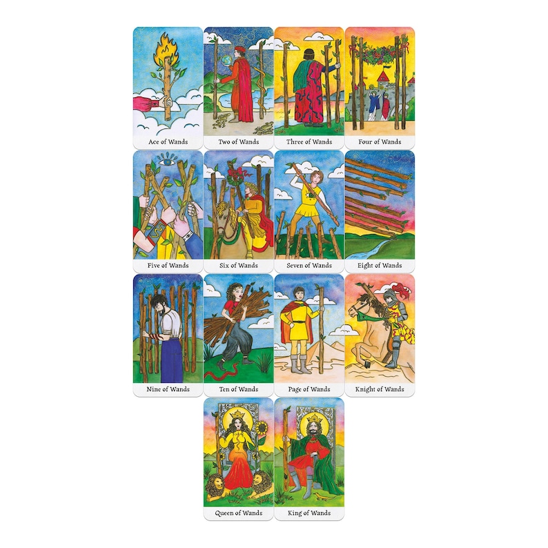 May include: A set of tarot cards featuring the suit of wands. Each card has a unique illustration with a central wand theme. The cards are labeled with titles such as "Ace of Wands," "Two of Wands," and "King of Wands."