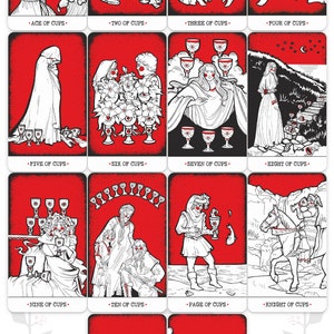Puede incluir: Baraja de tarot con el palo de Copas. Cada carta representa una escena diferente con un fondo rojo e ilustraciones en blanco y negro. Las cartas est&aacute;n numeradas del As al Rey.