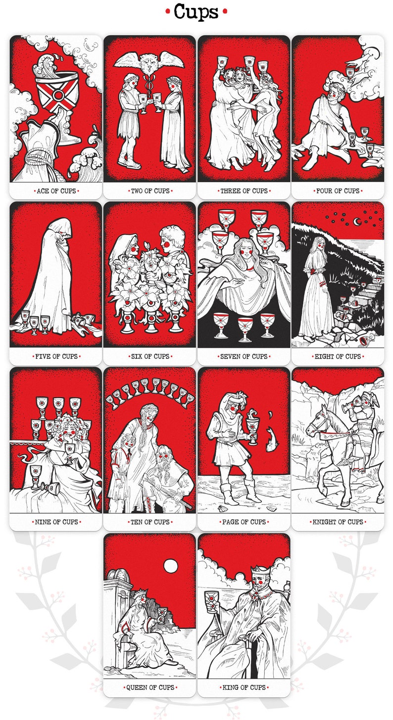 Puede incluir: Baraja de tarot con el palo de Copas. Cada carta representa una escena diferente con un fondo rojo e ilustraciones en blanco y negro. Las cartas est&aacute;n numeradas del As al Rey.