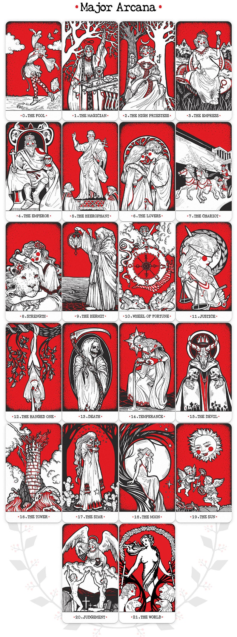 Puede incluir: Un conjunto de 22 cartas de tarot con ilustraciones en blanco y negro sobre un fondo rojo. Cada carta presenta una imagen diferente y el nombre de la carta, como "El Loco", "El Mago" y "La Emperatriz".