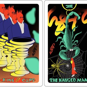 May include: Two tarot cards, King of Cups and The Hanged Man. The King of Cups card features a row of four men with red hair and blue robes holding yellow cups. The Hanged Man card features a green scorpion hanging upside down in a spider web with a red figure hanging from the web.