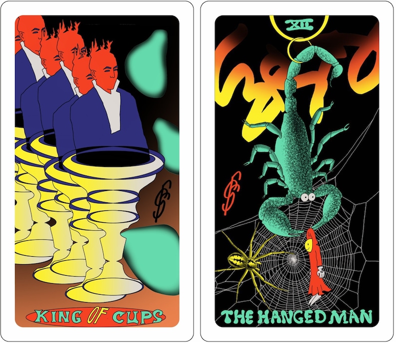 May include: Two tarot cards, King of Cups and The Hanged Man. The King of Cups card features a row of four men with red hair and blue robes holding yellow cups. The Hanged Man card features a green scorpion hanging upside down in a spider web with a red figure hanging from the web.