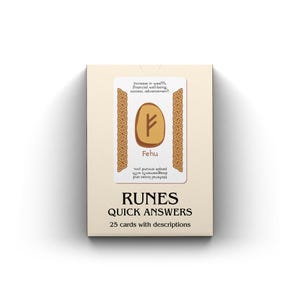 May include: A box of 25 rune cards with descriptions. The front of the box features a card with the rune Fehu, which is depicted in a gold colour. The card also includes the text "Increase in wealth, financial well-being, success, advancement." and "Material losses and disagreements with people around you."