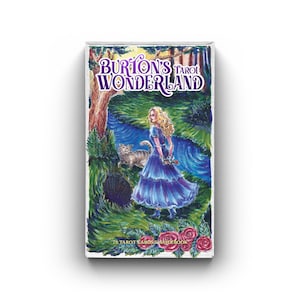May include: A tarot card deck titled "Burton's Tarot Wonderland." The box art features a woman in a blue dress in a whimsical forest scene with a cat and roses. The deck includes 78 tarot cards and a guidebook.
