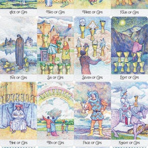Puede incluir: Una baraja completa de cartas del tarot con la pinta de Copas. Cada carta tiene una ilustraci&oacute;n &uacute;nica con figuras, s&iacute;mbolos y escenas. Las cartas est&aacute;n en orientaci&oacute;n vertical con un dise&ntilde;o de patr&oacute;n azul y blanco en la parte posterior.