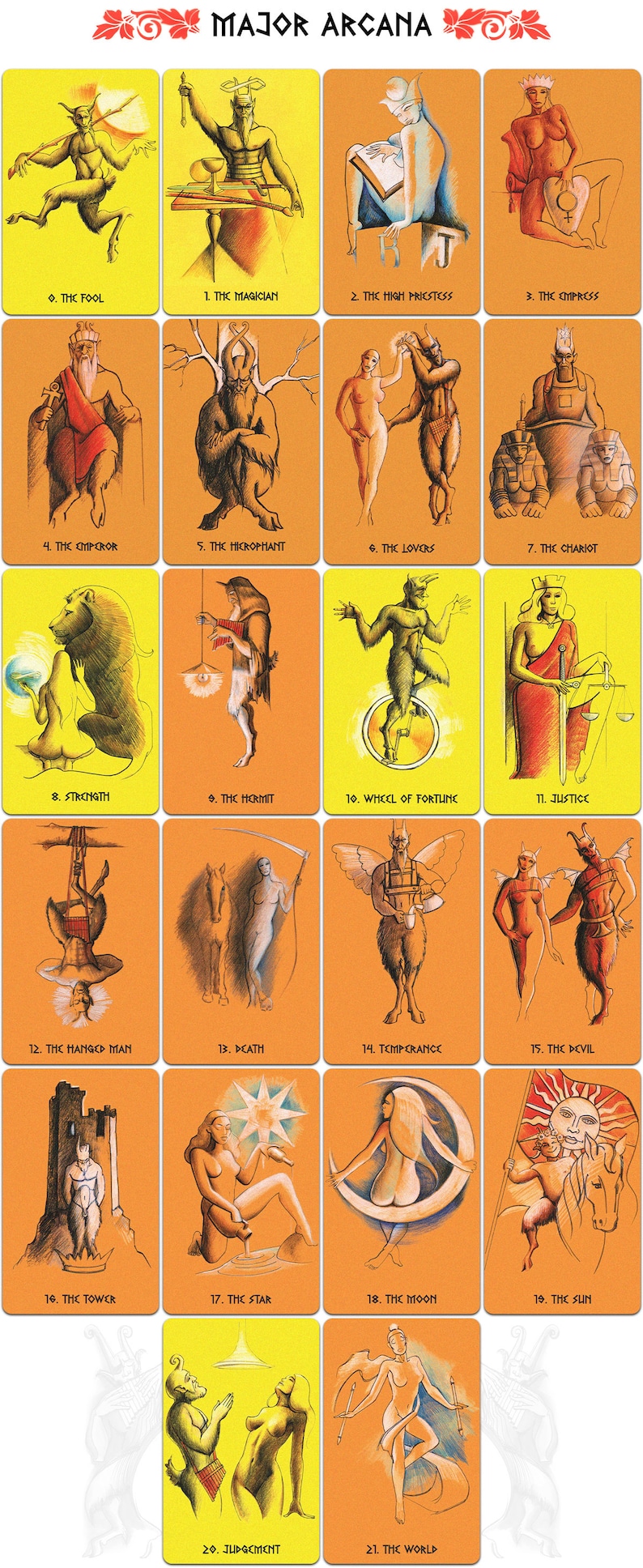 Może przedstawiać: Zestaw 22 kart tarota z kolorowymi ilustracjami r&oacute;żnych postaci i symboli. Karty są ułożone w siatkę na ż&oacute;łtym tle. Tytuł "MAJOR ARCANA" znajduje się u g&oacute;ry obrazu.