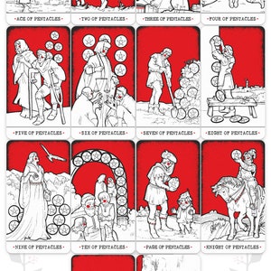 Puede incluir: Baraja de cartas de tarot que presenta el palo de Pent&aacute;culos. Cada carta representa una ilustraci&oacute;n en blanco y negro de una persona con acentos rojos sobre un fondo rojo. Las cartas est&aacute;n etiquetadas con el nombre del palo y el n&uacute;mero o el nombre de la carta.