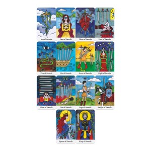 May include: A set of tarot cards featuring colorful illustrations of swords. Each card has a unique design and title, including "Ace of Swords," "Two of Swords," and "King of Swords." The cards are rectangular with a white border.