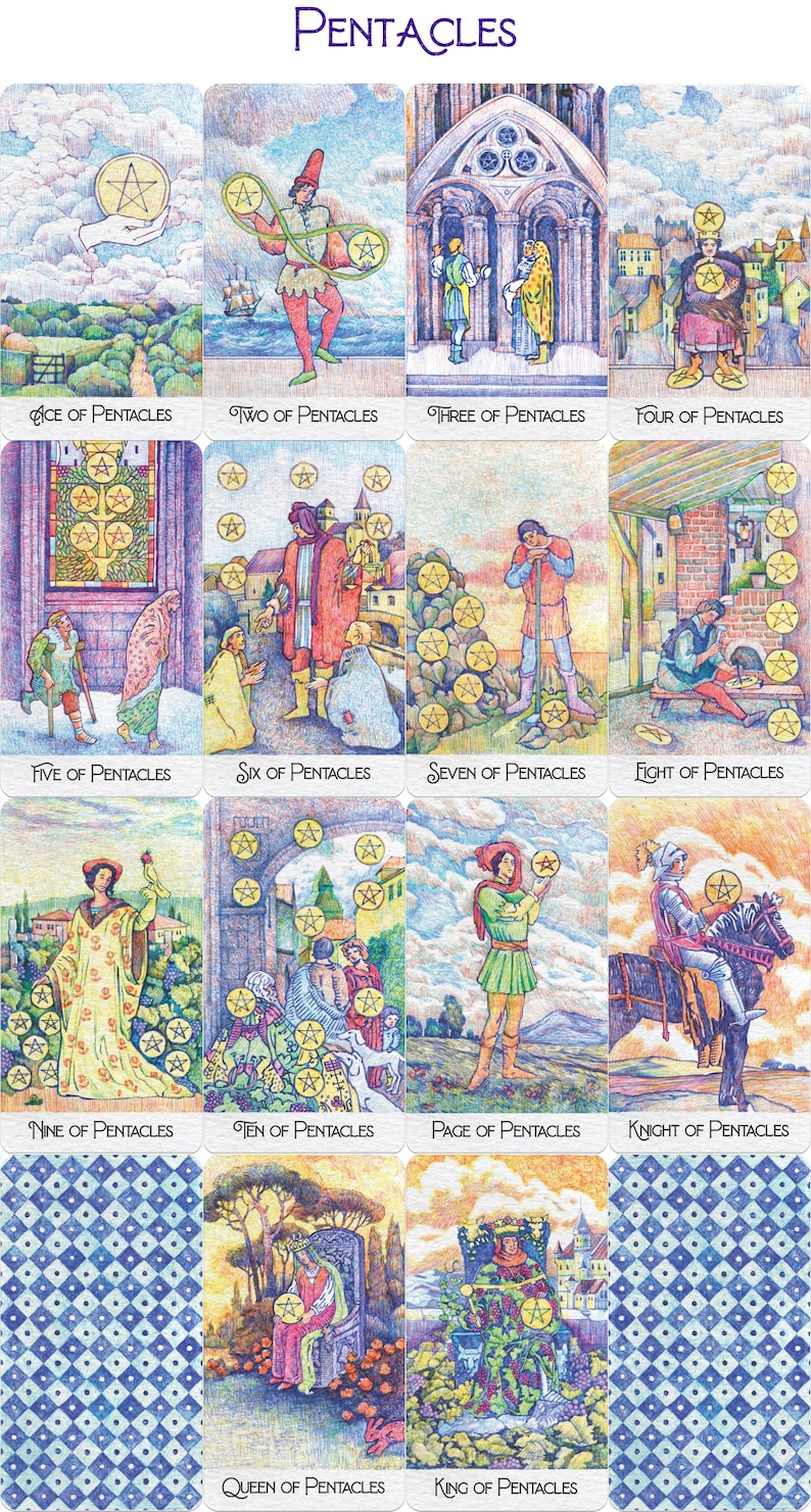 Puede incluir: Una baraja de tarot con la serie de los Pent&aacute;culos, con ilustraciones detalladas de figuras y escenas. Cada carta muestra una imagen &uacute;nica con el t&iacute;tulo de la carta en la parte inferior. La parte superior de la baraja dice "PENTACLES".