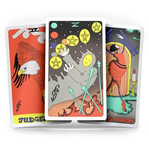 May include: Three tarot cards, each with a different design. The card on the left is red with a black eagle and the text "Judgement". The middle card is a light orange and blue with a gray figure holding five yellow stars and the text "Five of Pentacles". The card on the right is green and blue with a red figure holding swords and the text "Swords".
