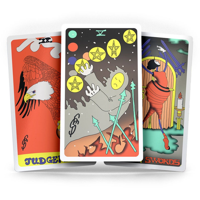 May include: Three tarot cards, each with a different design. The card on the left is red with a black eagle and the text "Judgement". The middle card is a light orange and blue with a gray figure holding five yellow stars and the text "Five of Pentacles". The card on the right is green and blue with a red figure holding swords and the text "Swords".