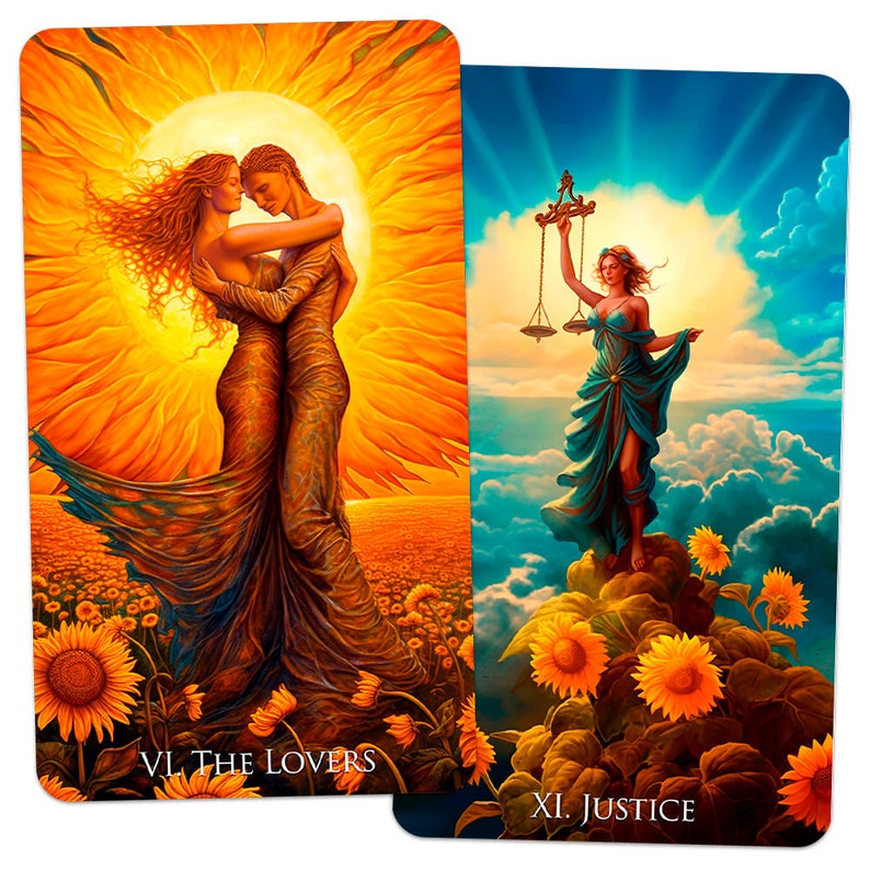 May include: Two tarot cards with colourful illustrations. One card shows two figures embracing before a bright sun, labelled "VI. THE LOVERS." The other card depicts a woman holding scales, labelled "XI. JUSTICE," set against a sky with clouds and sunflowers.