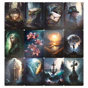 May include: A set of twelve tarot cards featuring fantasy art. Each card has a unique illustration and a number with a title, including a ring, book, letter, man, woman, lilies, sun, moon, key, fishes, anchor, and cross.