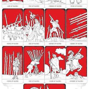 Puede incluir: Un conjunto de 14 cartas de tarot que representan el palo de Bastos. Cada carta presenta un fondo rojo con ilustraciones en blanco y negro de personas y bastos. Las cartas est&aacute;n dispuestas en una cuadr&iacute;cula de cuatro filas y tres columnas. Los nombres de cada carta est&aacute;n escritos debajo de la imagen.