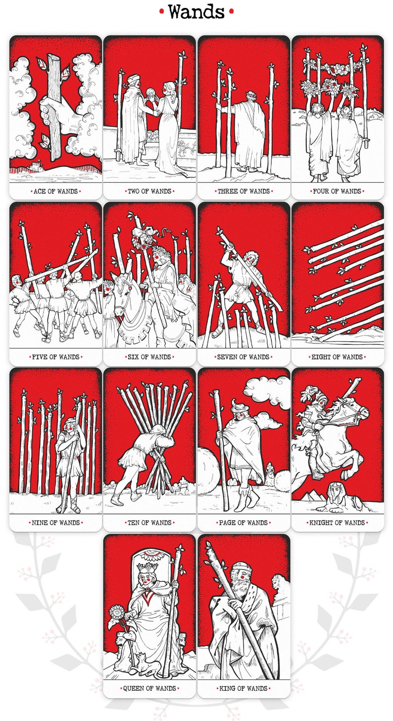 Puede incluir: Un conjunto de 14 cartas de tarot que representan el palo de Bastos. Cada carta presenta un fondo rojo con ilustraciones en blanco y negro de personas y bastos. Las cartas est&aacute;n dispuestas en una cuadr&iacute;cula de cuatro filas y tres columnas. Los nombres de cada carta est&aacute;n escritos debajo de la imagen.
