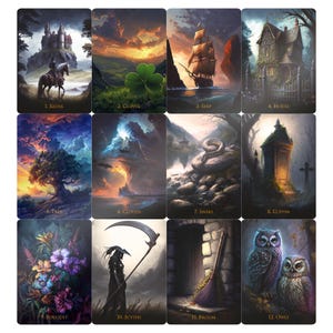 May include: A set of twelve tarot cards featuring fantasy illustrations. Each card has a unique image, including a rider on horseback, a ship at sea, a house, a tree, clouds, a snake, a coffin, a bouquet, a scythe, a broom, and owls. Each card has a number and a title.