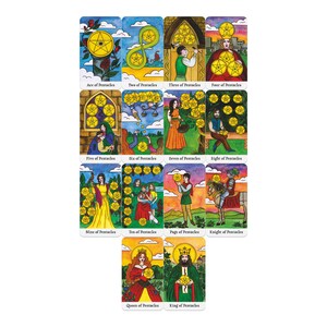 May include: A set of tarot cards featuring the suit of Pentacles. Each card has a unique illustration with a gold coin as the central element. The cards are labeled with titles such as "Ace of Pentacles" and "King of Pentacles".