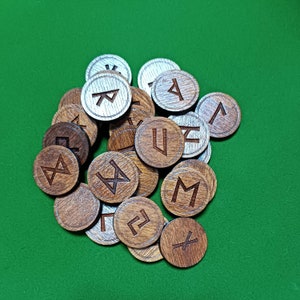 Wooden Circle Norse Runes Set, 25 pcs with velvet pouch | Wood Runes Elder Futhark