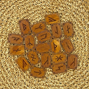 Wooden Armanen Runic Set, 19 pcs with velvet pouch | Wood German Runes | Yonger Futhark