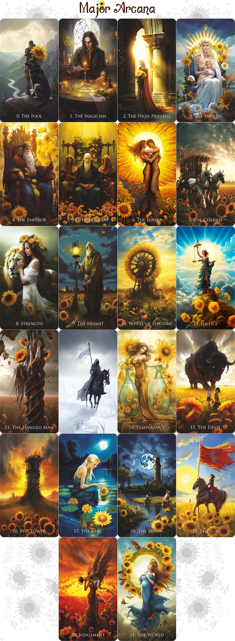 May include: A set of Major Arcana tarot cards with detailed illustrations. Each card shows a different scene with figures, symbols, and titles such as "The Fool," "The Magician," and "The Lovers." The artwork is rich in colour and detail.