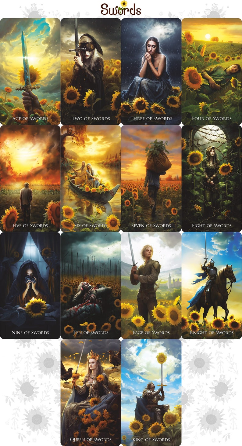 May include: A tarot card deck featuring the Swords suit, with each card depicting a scene with figures, swords, and sunflowers. The cards are labeled with titles like "Ace of Swords" and "Queen of Swords."