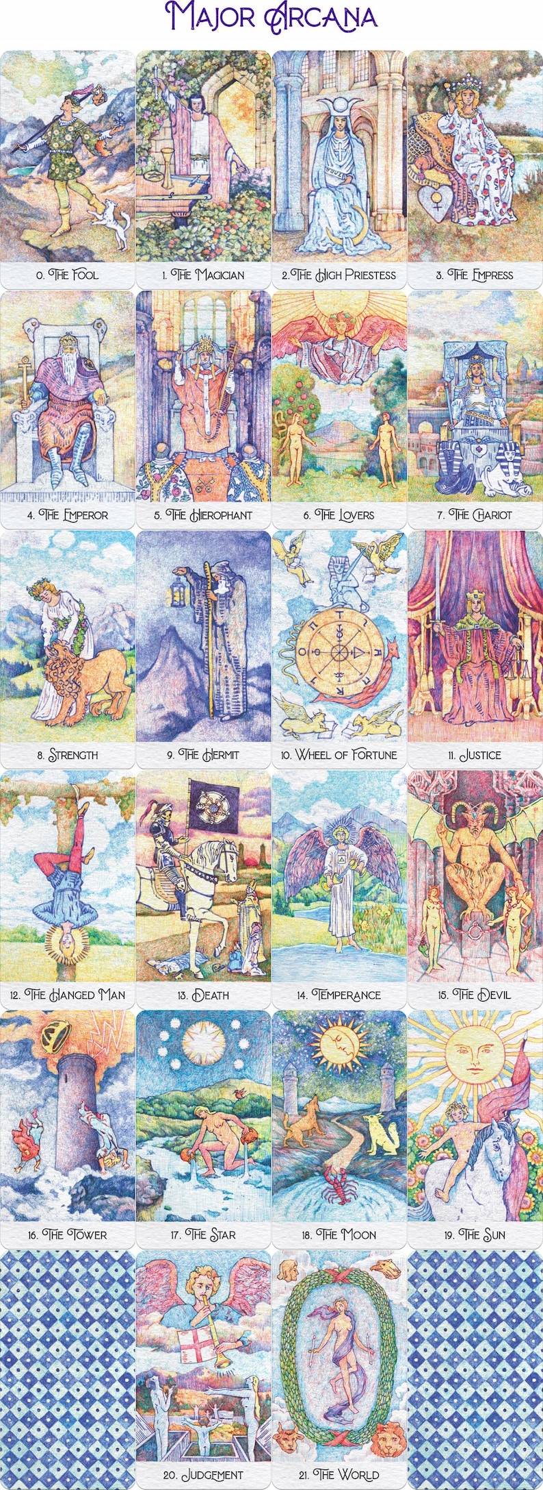 Puede incluir: Una baraja completa de cartas del tarot de los Arcanos Mayores, con 22 ilustraciones &uacute;nicas. Cada carta muestra un dibujo detallado y colorido con t&iacute;tulos como "El Loco", "El Mago" y "El Mundo". Las cartas est&aacute;n dispuestas verticalmente.