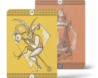 May include: A yellow playing card with a black and white illustration of a jester holding a staff. The card is a 9 of Hearts and has a diamond shape in the center. The card has a gold border and a checkered pattern.