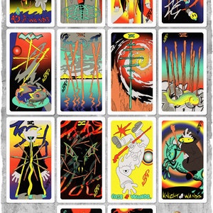 May include: A set of 14 tarot cards depicting the Wands suit. The cards feature colorful illustrations with a variety of characters and symbols. The cards are numbered from Ace to King.