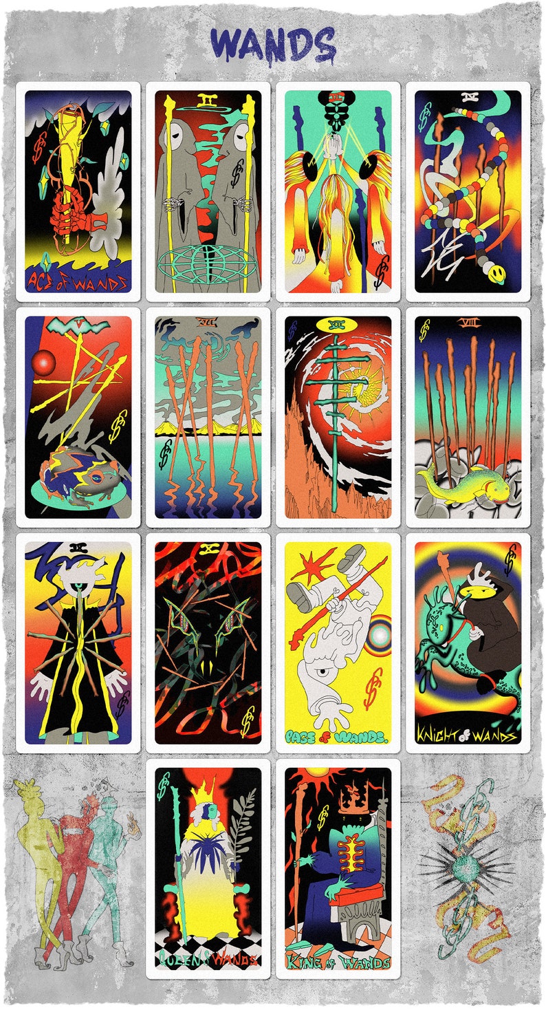 May include: A set of 14 tarot cards depicting the Wands suit. The cards feature colorful illustrations with a variety of characters and symbols. The cards are numbered from Ace to King.
