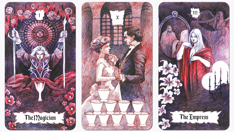 K&ouml;nnte beinhalten: Drei Tarotkarten mit Illustrationen von Der Magier, Die Liebenden und Die Kaiserin. Die Magierkarte zeigt einen Mann in einem dunklen Gewand, der zwei Schwerter und einen Kelch h&auml;lt. Die Liebendenkarte zeigt ein Paar bei einer Hochzeitszeremonie. Die Kaiserinnenkarte zeigt eine Frau in einem roten Gewand mit einer Krone und einer wei&szlig;en Lilie.