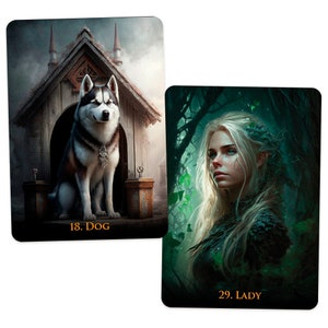 May include: Two rectangular oracle cards. The left card shows a husky sitting in front of a wooden doghouse with the text 18. DOG. The right card depicts a fair-haired person with pointed ears in a dark forest with the text 29. LADY.