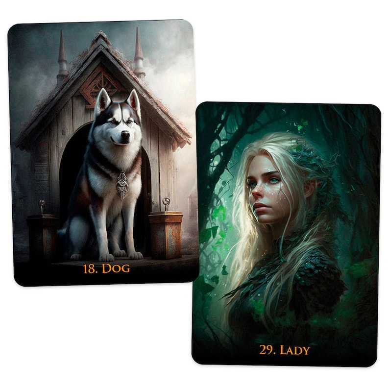 May include: Two rectangular oracle cards. The left card shows a husky sitting in front of a wooden doghouse with the text 18. DOG. The right card depicts a fair-haired person with pointed ears in a dark forest with the text 29. LADY.