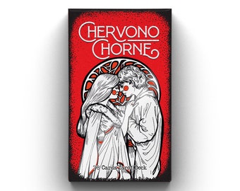 May include: A red box with the text "Chervono Chorne" in white lettering. The box features a black and white illustration of a couple embracing. The text "78 Cards Tarot Deck" is also included on the box.